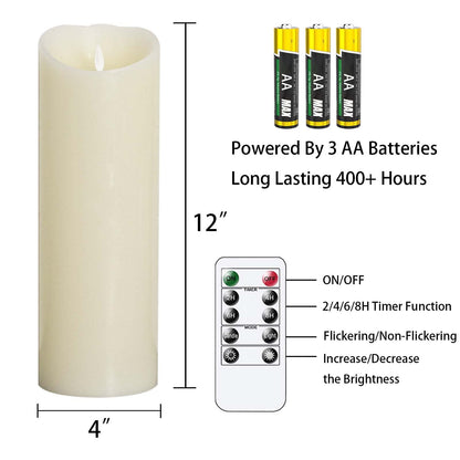 Mavandes 4”x12” Flameless Flickering Candles with Remote,Real Wax LED Battery Operated Pillar Candles with Timer,Ivory Long Lasting Fake Electric Moving Wick Flameless Candles for Home Decor