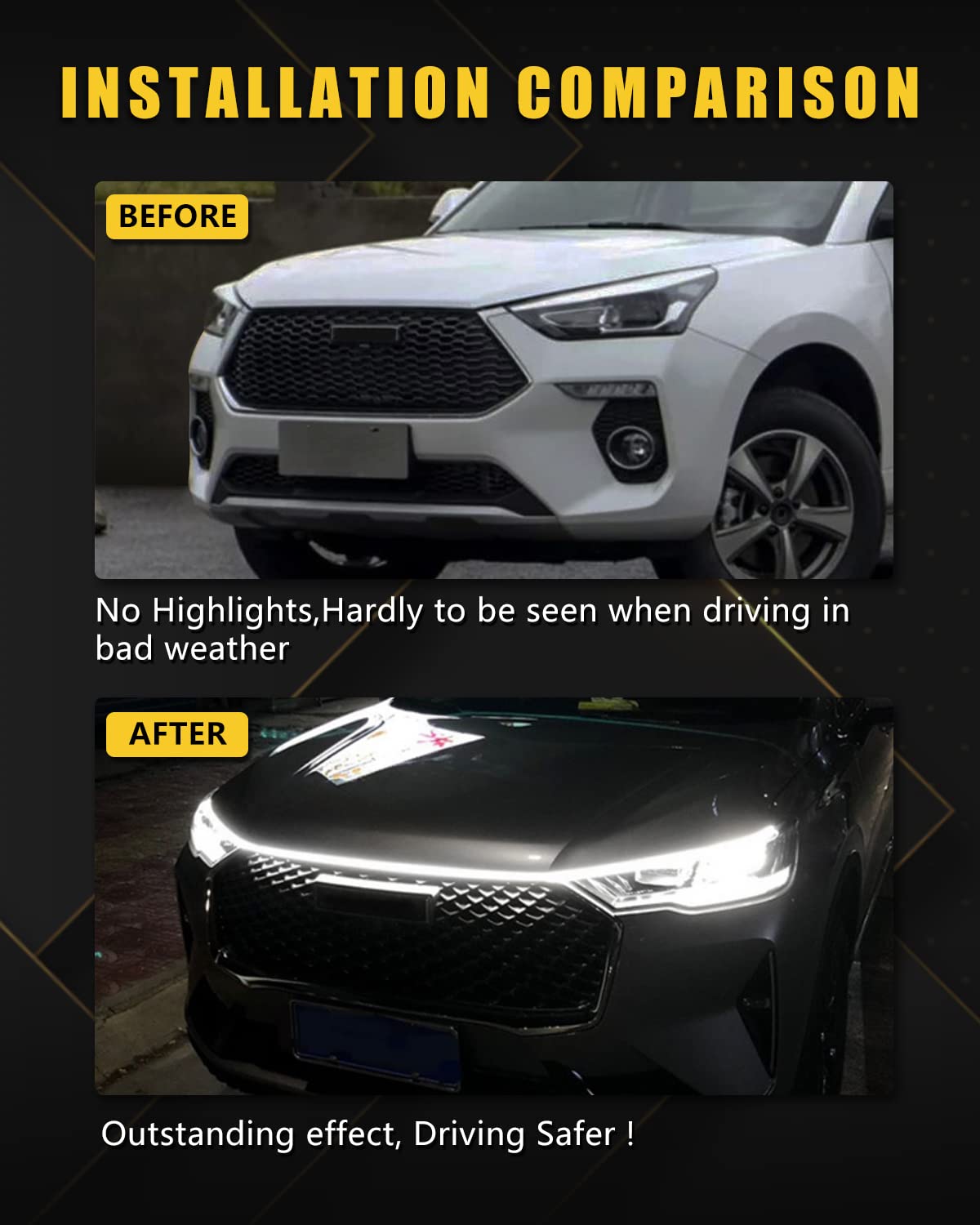 YM E-Bright Led Hood Light Strip Exterior Led Strip Lights for Cars Waterproof Headlight Flexible DRL Dynamic Scan Start Up Hoodbeam Kit Daytime Running Light For Car,Truck,Suv,12V 70inch White,1 Set