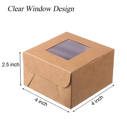50 Pack 4 x 4 x 2.5 Inches Brown Bakery Boxes Kraft Paper Pastry Boxes with Window Gift Packaging Boxes for Pastries, Mini Cakes, Cookies, Donut, Pie Slice, and More