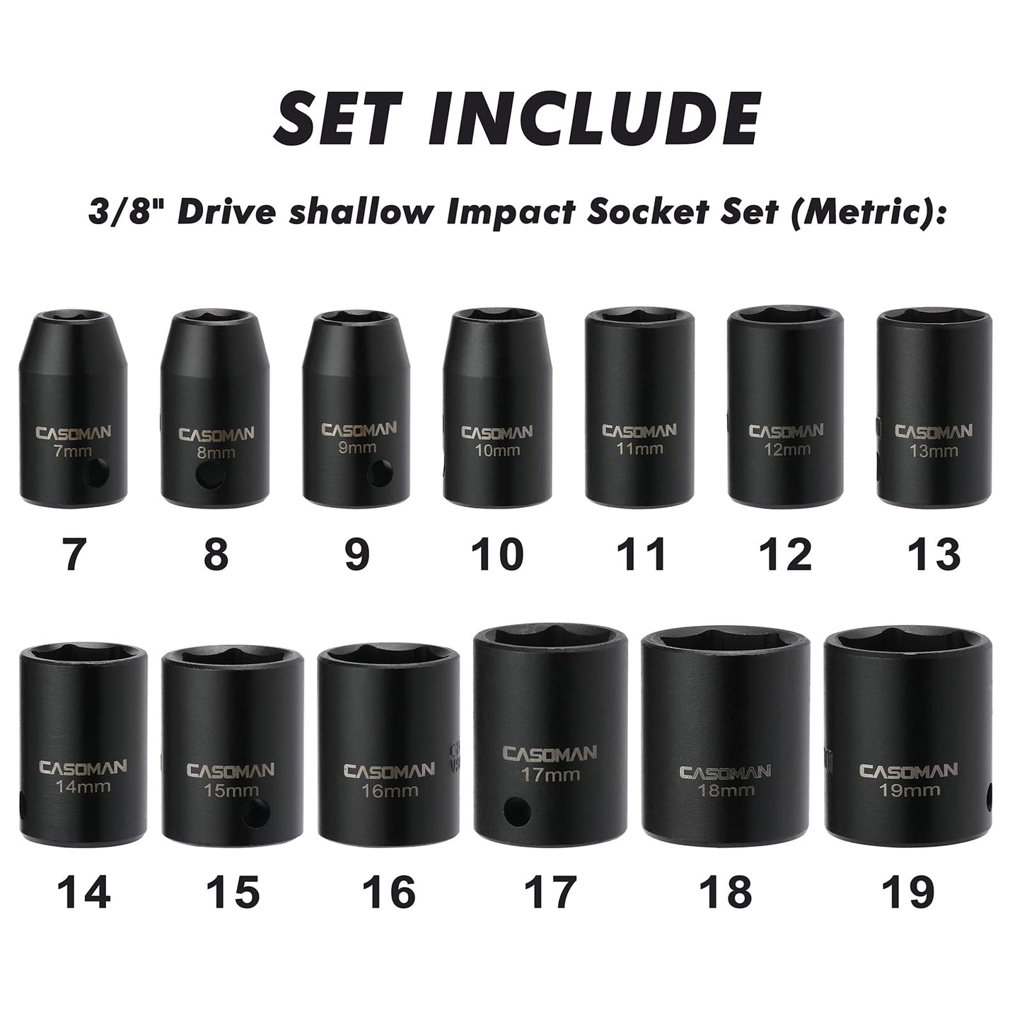 CASOMAN 13 Pieces 3/8-Inch Drive Impact Socket Set, 6-Point, Metric, Shallow, CR-V, 7mm to 19mm, Heavy Duty Blow Molded Storage Case