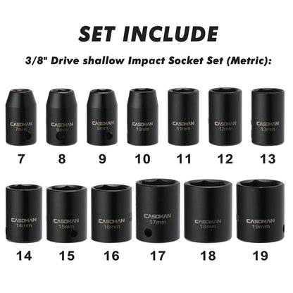 CASOMAN 13 Pieces 3/8-Inch Drive Impact Socket Set, 6-Point, Metric, Shallow, CR-V, 7mm to 19mm, Heavy Duty Blow Molded Storage Case