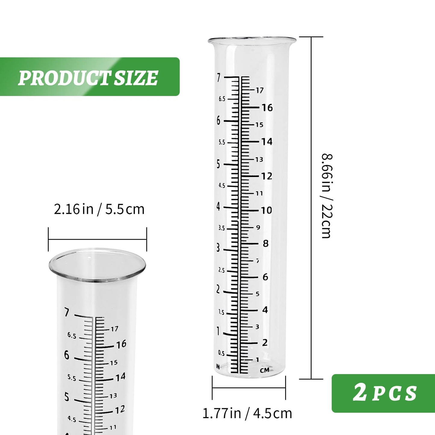 VIKKSAER 2 Pack 7inch Garden Glass Rain Gauge, Rainfall Tube Measurement Gauge Replacement Tubes for Outdoor Lawn Yard Garden