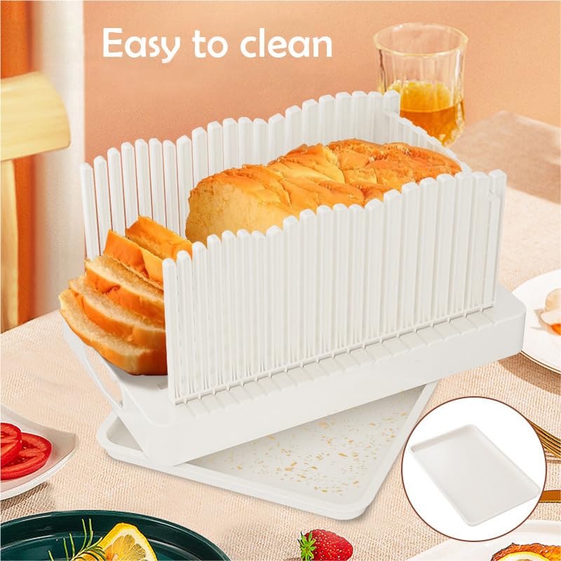 Qeedee Sourdough Bread Slicer for Homemade Bread, Foldable and Adjustable Cutting Guide with Crumb Tray, 3 Slice Sizes for Homemade Bagels, Buns, Cakes, White