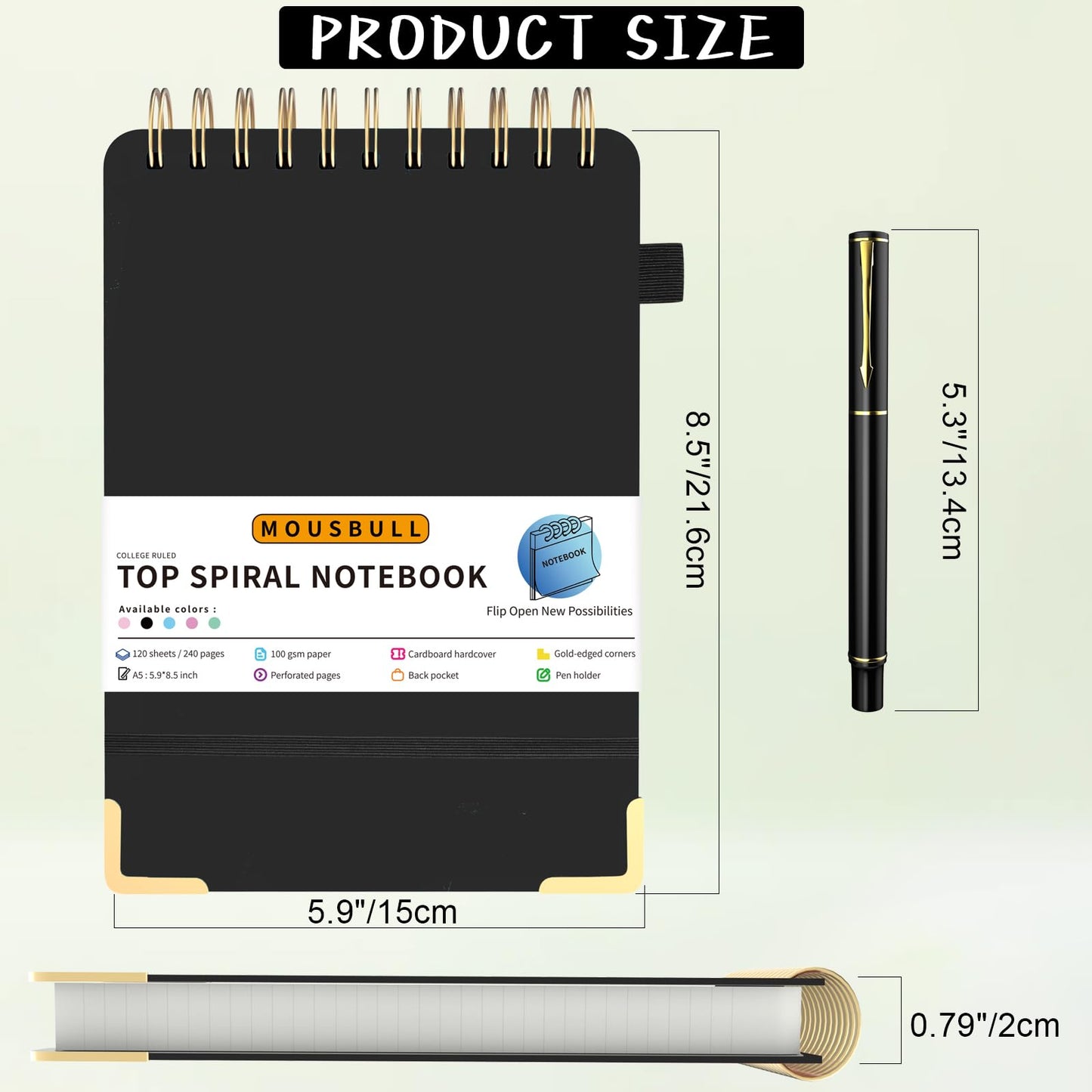 Top Spiral Notebook, A5 Hardcover Top Bound Steno Pads, 240 Pages 100gsm College Ruled Left Handed Notebook Journal for Work, School, Meeting Writing - Black, 5.9" x 8.5"