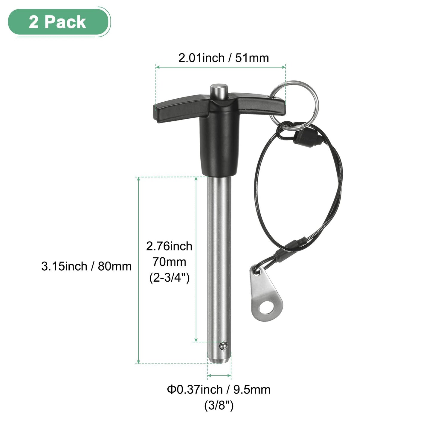 M METERXITY 2-Pack T Handle Lock Pins, 3/8"(9.5mm) Dia. 2-3/4"(70mm) Usage Length Push-Button Quick Release Locking Pins W Lanyard Cable for Speaker/Aviation/Gym/Machine [304 Stainless Steel]
