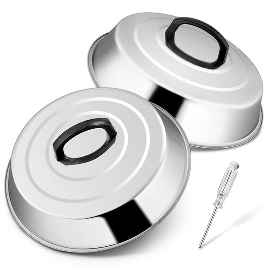 12 Inch Cheese Melting Dome Set of 2, Joyfair Basting Cover for Griddle Grilling Outdoor Camping/Flat Top Teppanyaki, Stainless Steel Lids with Heat-Proof Handle, Dishwasher Safe