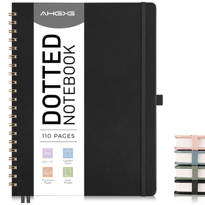 AHGXG Dotted Journal Spiral Notebook 8.5" x 11", Large A4 Leather Hardcover Dotted Notebook, 100 GSM Thick Dot Grid Paper, Inner Pocket, Black
