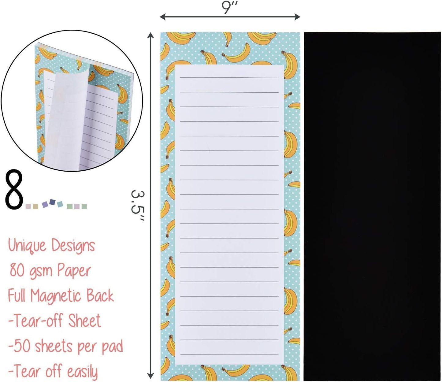 8 Pack Magnetic Notepads for Fridge, to Do List, Grocery List, Shopping List,Reminders, Recipes,3.5" x 9", 50 Sheets, Magnet Memo Pad Vintange Fruits