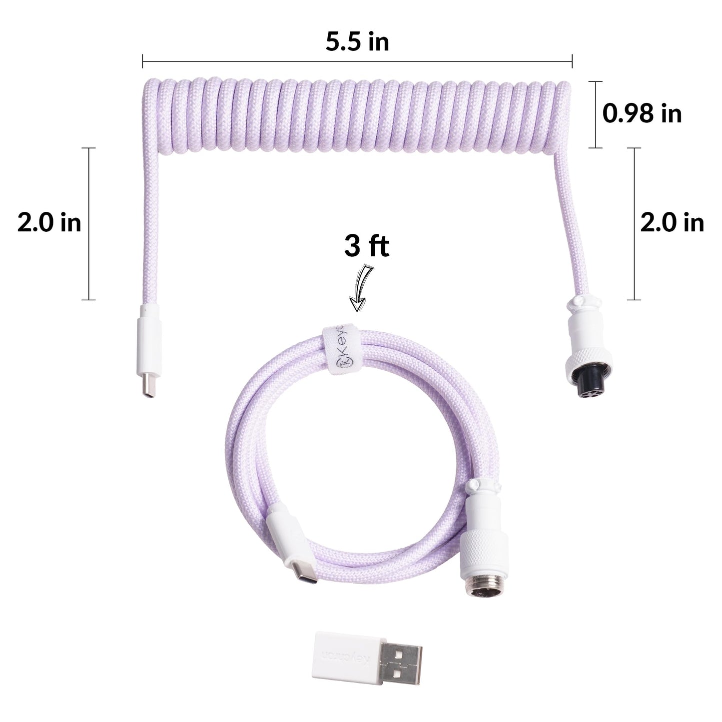 Keychron Custom Coiled Aviator Cable, Light Purple, 5-Pin (GX12) Detachable Metal Connector, USB-C to USB-C with USB-A Adapter, Durable Braided Cable for Mechanical Keyboards, Charging & Data Transfer