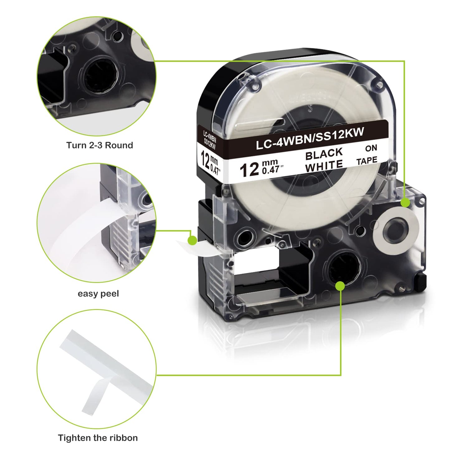 Absonic 5-Pack Compatible Label Tape Replacement for LK-4WBN LC-4WBN LC 4WBN9 SS12KW 12mm 0.47" Black on White Label Tape Work for Epson LabelWorks LW300 LW400 LW500 LW700 LWPX300 Label Maker