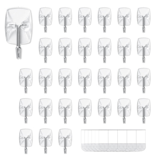 30 Small Hooks+40 Removable Strips, Clear Wire Hanger Hooks, Damage-Free Utility Hooks, Heavy Duty with Adhesive Strips, No Tools Wall Hooks for Hanging, Value Pack