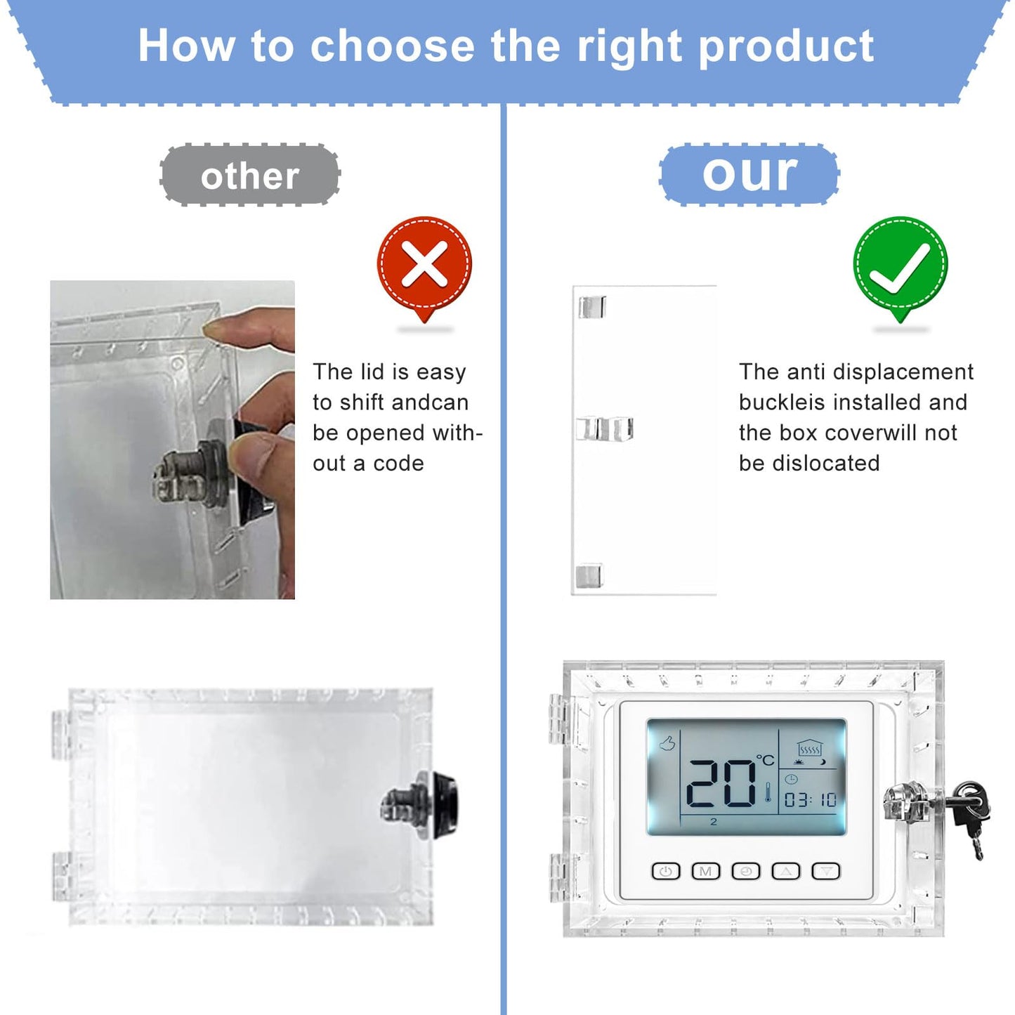 Universal Thermostat Lock Box with Key, Clear Large Thermostat Guard for Wall, Thermostat Cover with Lock for Thermostats 6.5" x 4" x 2" or Smaller (2)