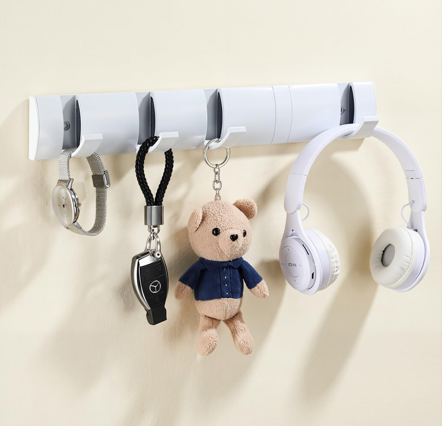 Retractable Wall-Mounted Coat Rack with 5 Hooks, Modern Space-Saving Storage for Hats, Jackets, Bags, Entryway, Mudroom, Closet, Bathroom, Bedroom - White