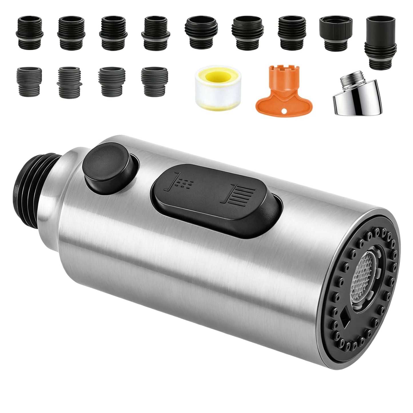 All Metal Kitchen Faucet Head Replacement, 3 Modes Stainless Steel Pull Down Kitchen Sink Sprayer, High Pressure Sink Sprayer Attachment with 14 Adapters Fits Most Common Brands (Brushed Nickel)