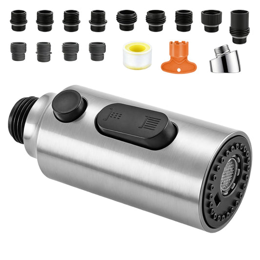 All Metal Kitchen Faucet Head Replacement, 3 Modes Stainless Steel Pull Down Kitchen Sink Sprayer, High Pressure Sink Sprayer Attachment with 14 Adapters Fits Most Common Brands (Brushed Nickel)