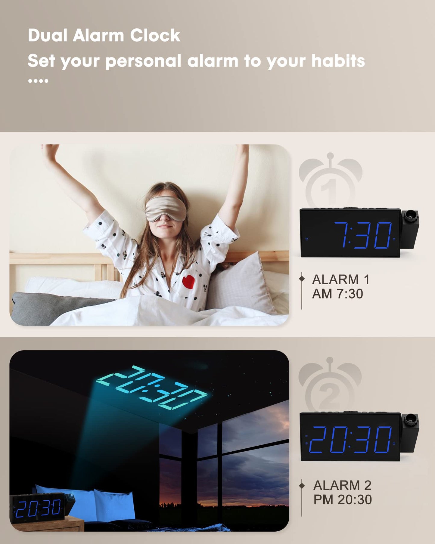 Projection Alarm Clock with USB Charging, 180° Rotating Projector (Up to 11ft), Dual Alarms, 5-Level Dimmer, 12/24H, DST, Snooze Function - Ideal for Heavy Sleepers, Seniors & Kids