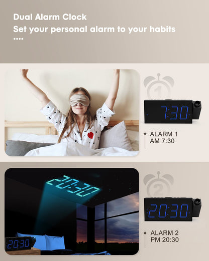 Projection Alarm Clock with USB Charging, 180° Rotating Projector (Up to 11ft), Dual Alarms, 5-Level Dimmer, 12/24H, DST, Snooze Function - Ideal for Heavy Sleepers, Seniors & Kids