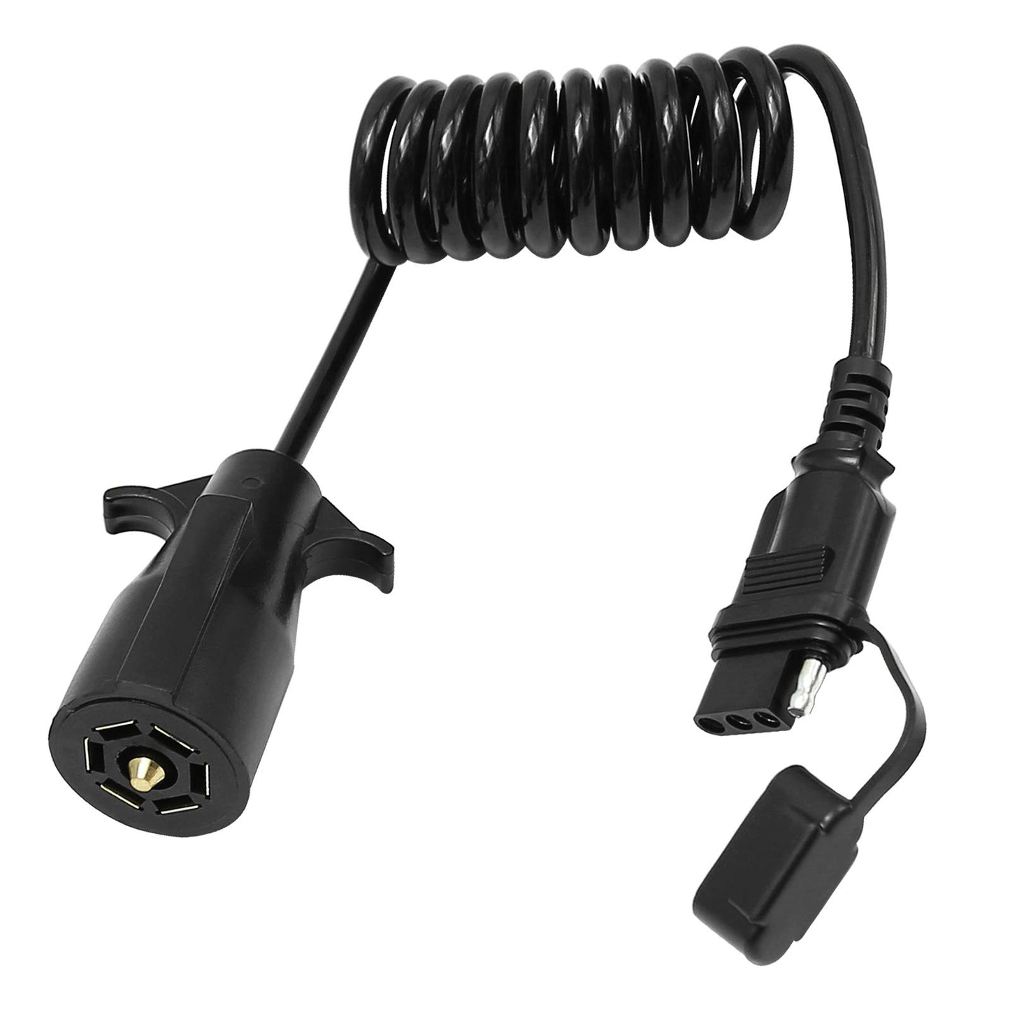 5ft 7 Way Round to 4 Way Pin Flat Trailer Connector Adapter Coiled Wiring Cable, Trailer Wiring Adapter Extension Harness, 7 Pin to 4 Pin Trailer Adapter for Truck RV Trailer