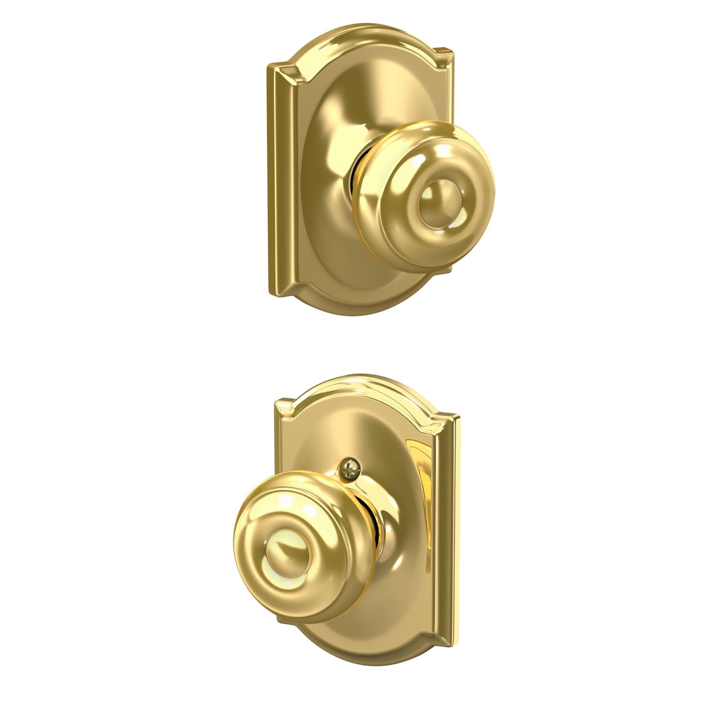 Schlage F10 GEO 605 CAM Georgian Door Knob with Camelot Trim, Hall & Closet Passage Lock, Bright Brass