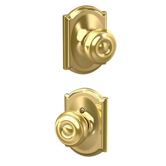 Schlage F10 GEO 605 CAM Georgian Door Knob with Camelot Trim, Hall & Closet Passage Lock, Bright Brass