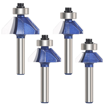 Vearter 4PCS 45 Degree Chamfer Router Bit Set, 1/4'' Shank Carbide Edge Bevel Forming Milling Cutter, DIYer Tool for Woodworking, Wood Profiling, Edging (1/2", 3/8", 5/16", 1/4" Bevel Length)