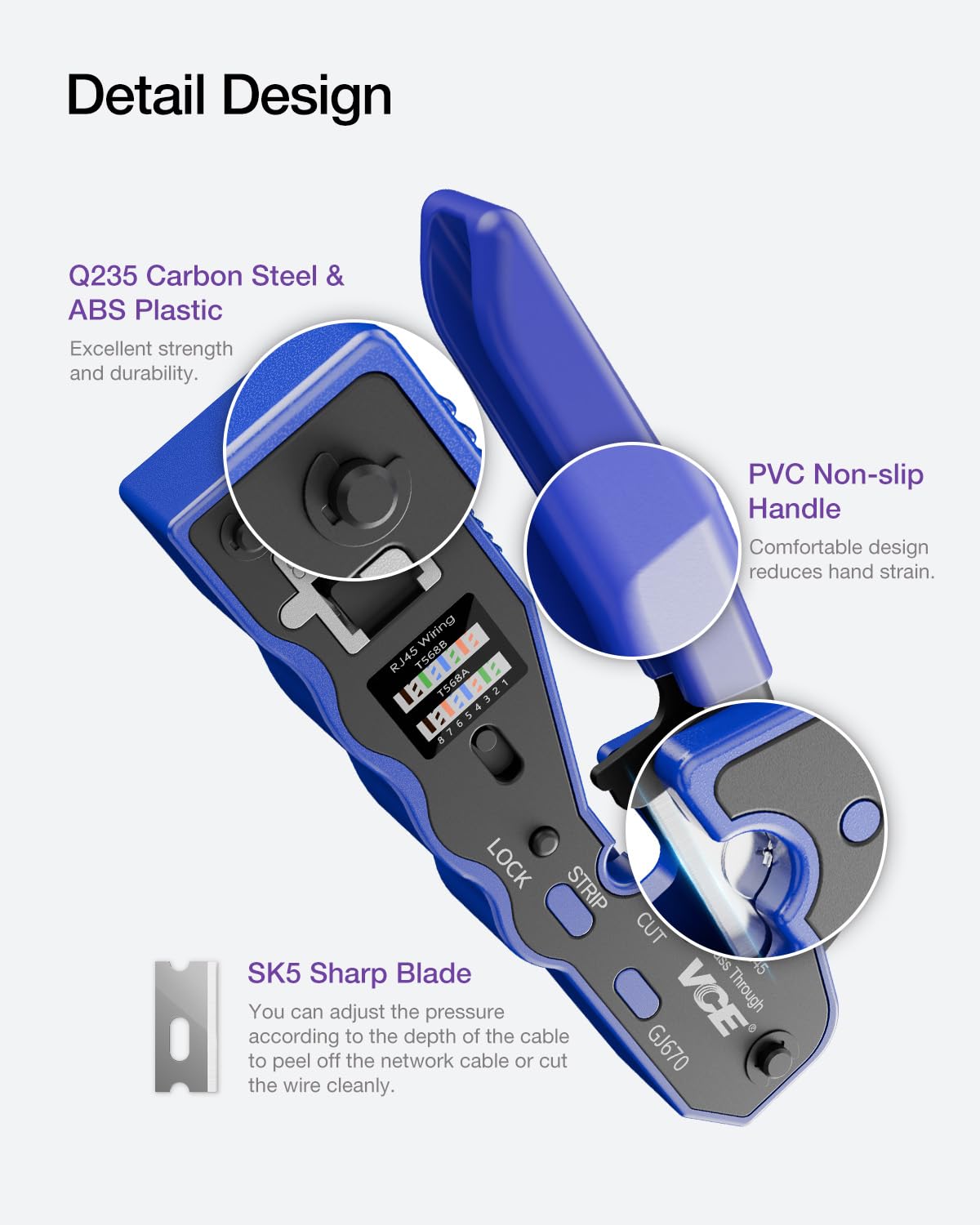 VCE RJ45 Crimper Pass Through, Ethernet Crimping Tool for Cat6 Cat7 Cat5 End Pass-Thru Connector, Support Stripping & Cutting