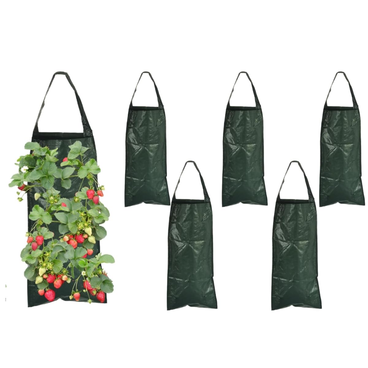 6PCS Hanging Strawberry Planter, 23.6" 8 Hole Upside Down Tomato Planter, Portable Hanging Grow Bags with Handle for Chili Herb Hot Peppers Vegetables (6 Pcs)