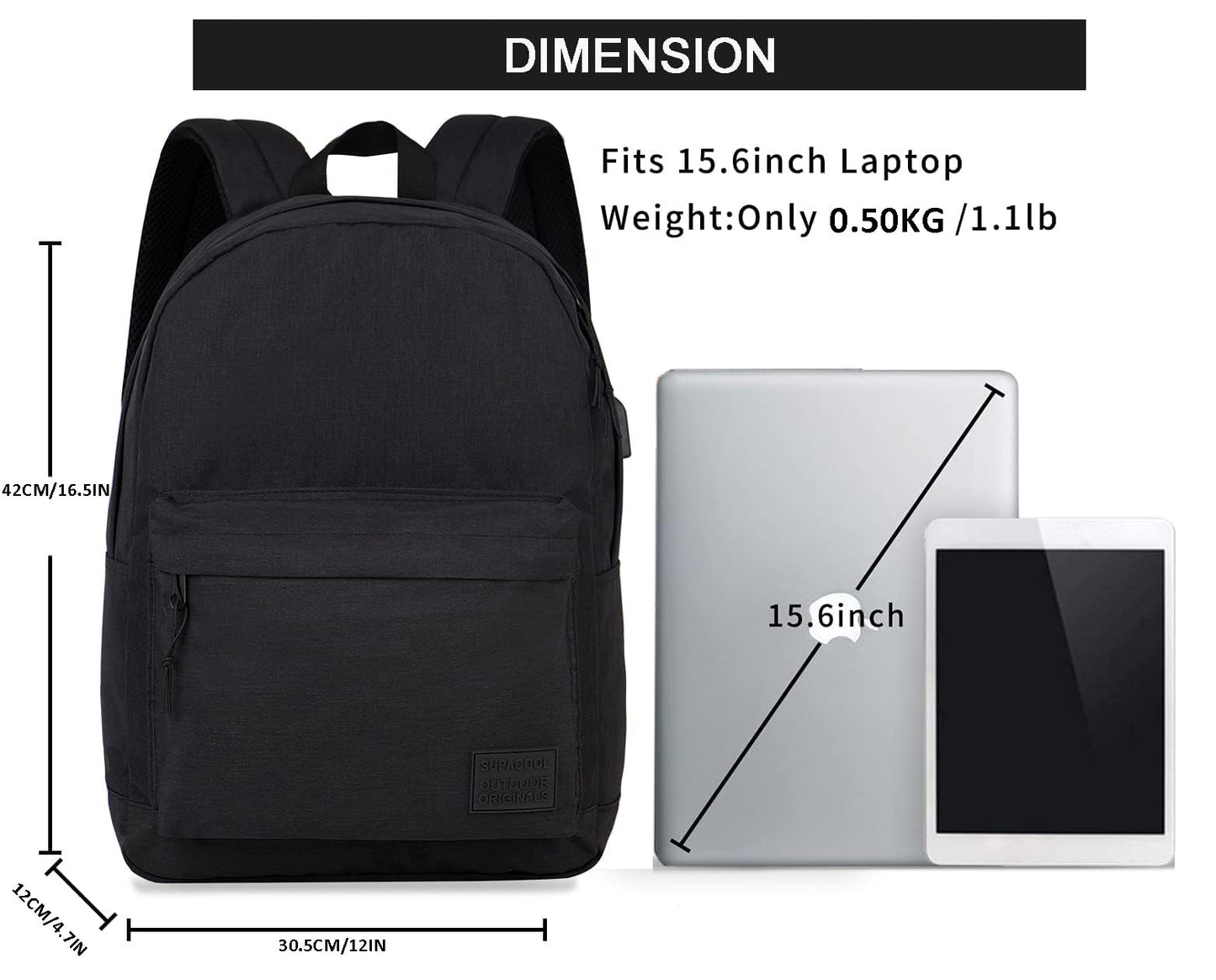 SUPACOOL Casual Laptop Backpack with USB Charging Port for Men and Women, School Bookbag for College, Lightweight Pack Back(Dark Black)