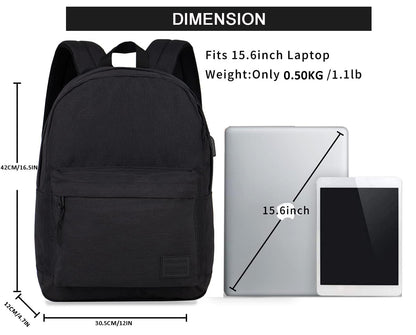 SUPACOOL Casual Laptop Backpack with USB Charging Port for Men and Women, School Bookbag for College, Lightweight Pack Back(Dark Black)