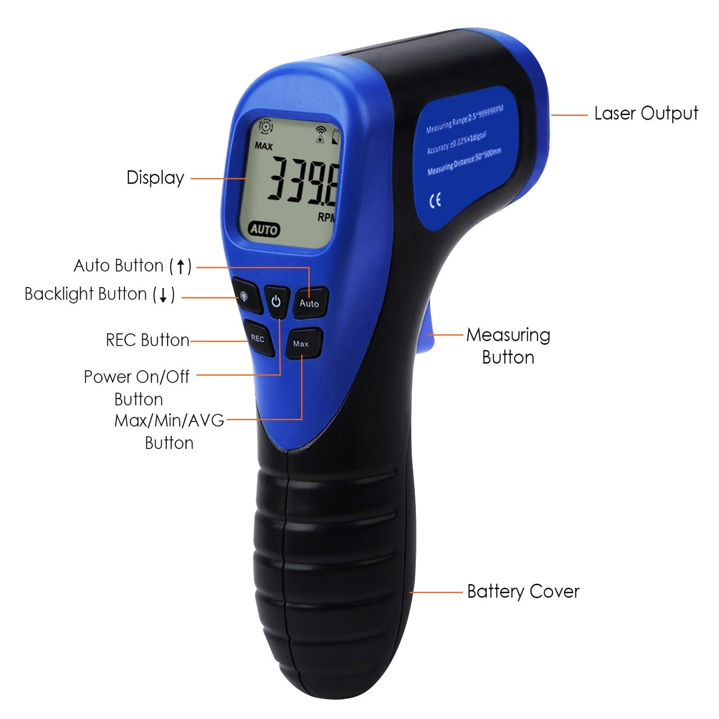 2.5-99999RPM Digital Laser Tachometer MAX/MIN Data Hold Function