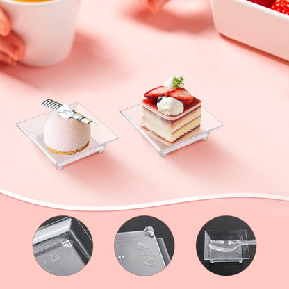 150 Pack Mini Dessert Plates with Tasting Spoons for 150 Guests, 2.4'' Small Clear Dessert Plates for Appetizer, Reusable Mini Square Plastic Appetizer Plates Set for Dessert, Sauce