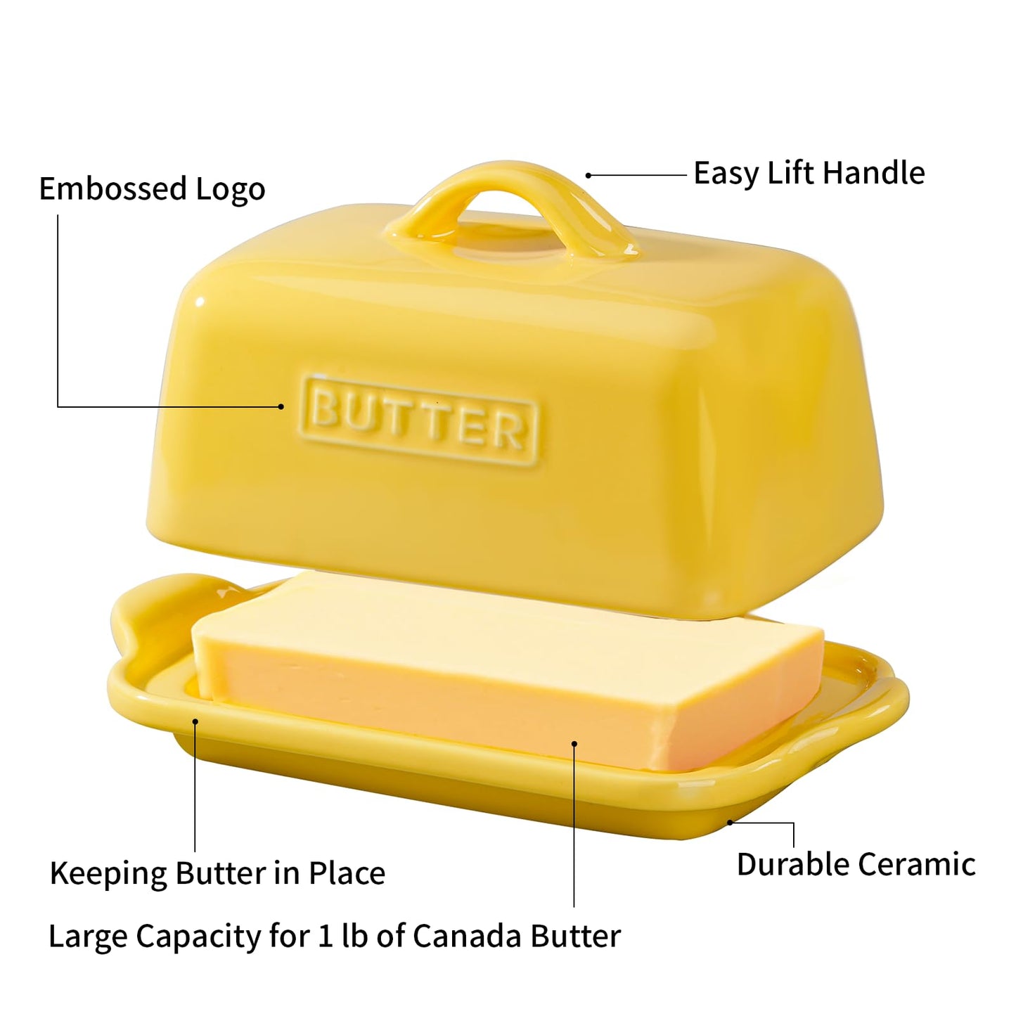 ADIVEE Large Butter Dish for 1 lb Block of Canadian Butter, Porcelain Butter Keeper Fit a Full Pound Block of Butter, Butter Container for an Entire Pound Butter,Color-Yellow