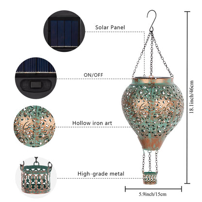 Stargarden Hot Air Balloon Solar Lantern, Butterfly Hollow Out Metal Hot Air Balloon Decorations, Green Hanging Solar Lantern, Waterproof Outdoor Lights for Porch Decor
