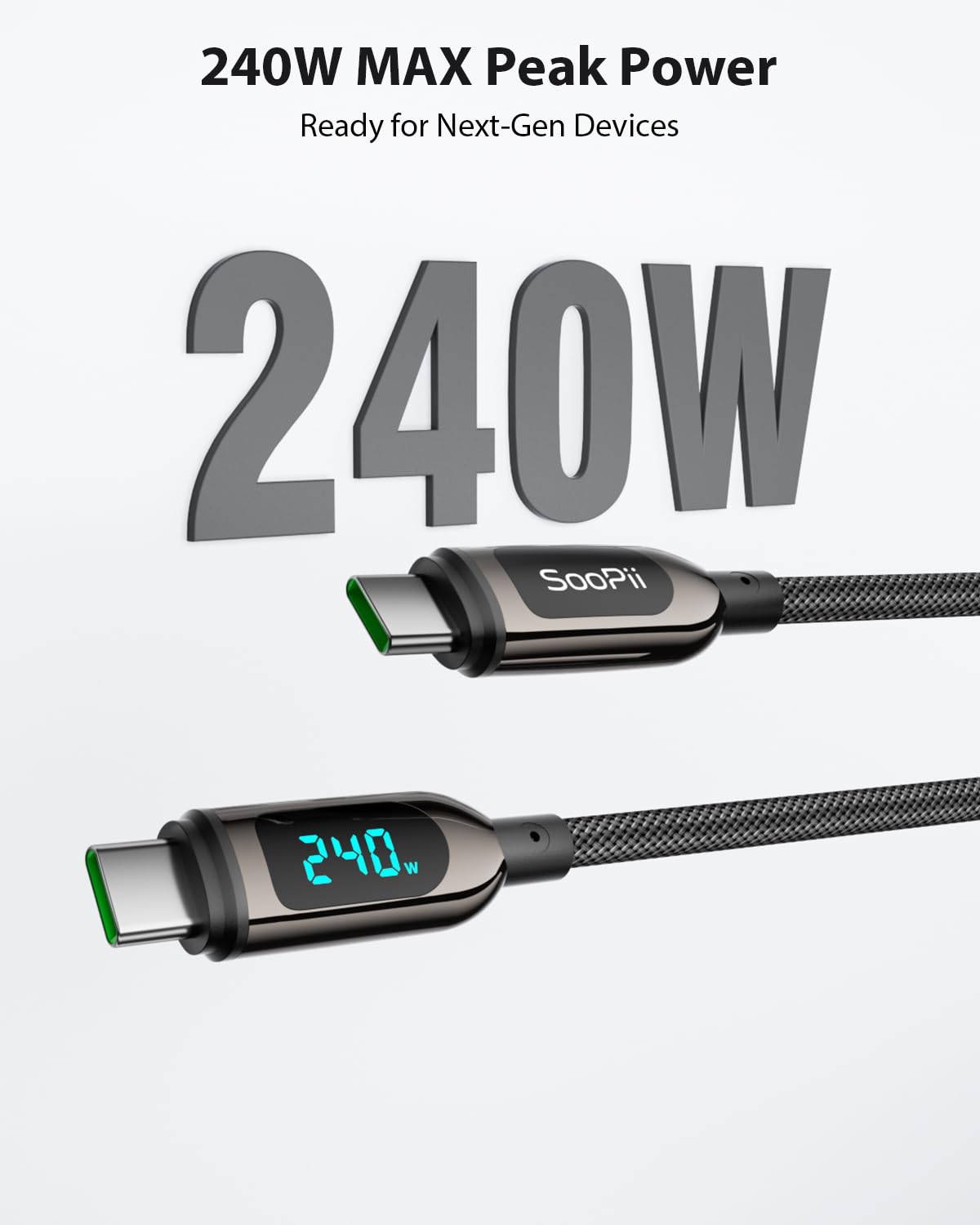 SOOPII 240W USB C to USB C Cable Fast Charge, Nylon Braided Cable with LED Display for lPhone 17/17 Pro/17 Plus/17 Pro Max,lPad Air,MacBook Pro,Galaxy S25/S24, Pixel, LG (Black, 1.2M 2Pack- 240W)