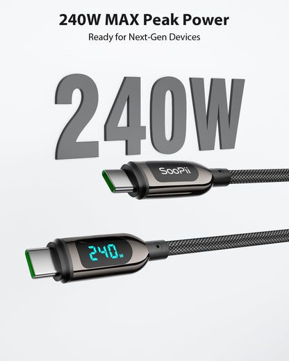 SOOPII 240W USB C to USB C Cable Fast Charge, Nylon Braided Cable with LED Display for lPhone 17/17 Pro/17 Plus/17 Pro Max,lPad Air,MacBook Pro,Galaxy S25/S24, Pixel, LG (Black, 1.2M 2Pack- 240W)