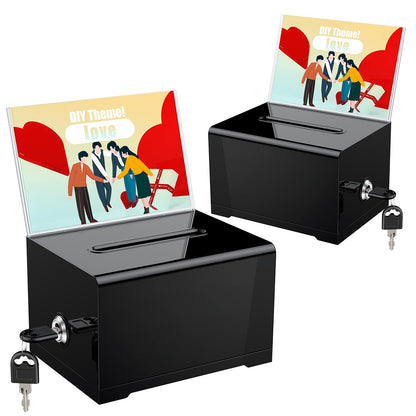 Uniclife 2 Pack 6.2" x 4.7" x 4" Acrylic Donation Boxes Suggestion Box with Slot and Lock for Voting Charity Tip Collection Black Plastic Ballot Boxes with Sign Holder Storage Container