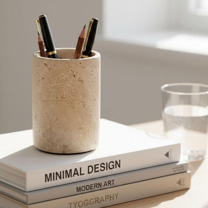 Radicaln Marble Pen Holder 4" Travertine Handmade Desk Organizer, Pencil & Pen Stand for Office, Home, Makeup Accessories, Premium Marble Stationery Holder