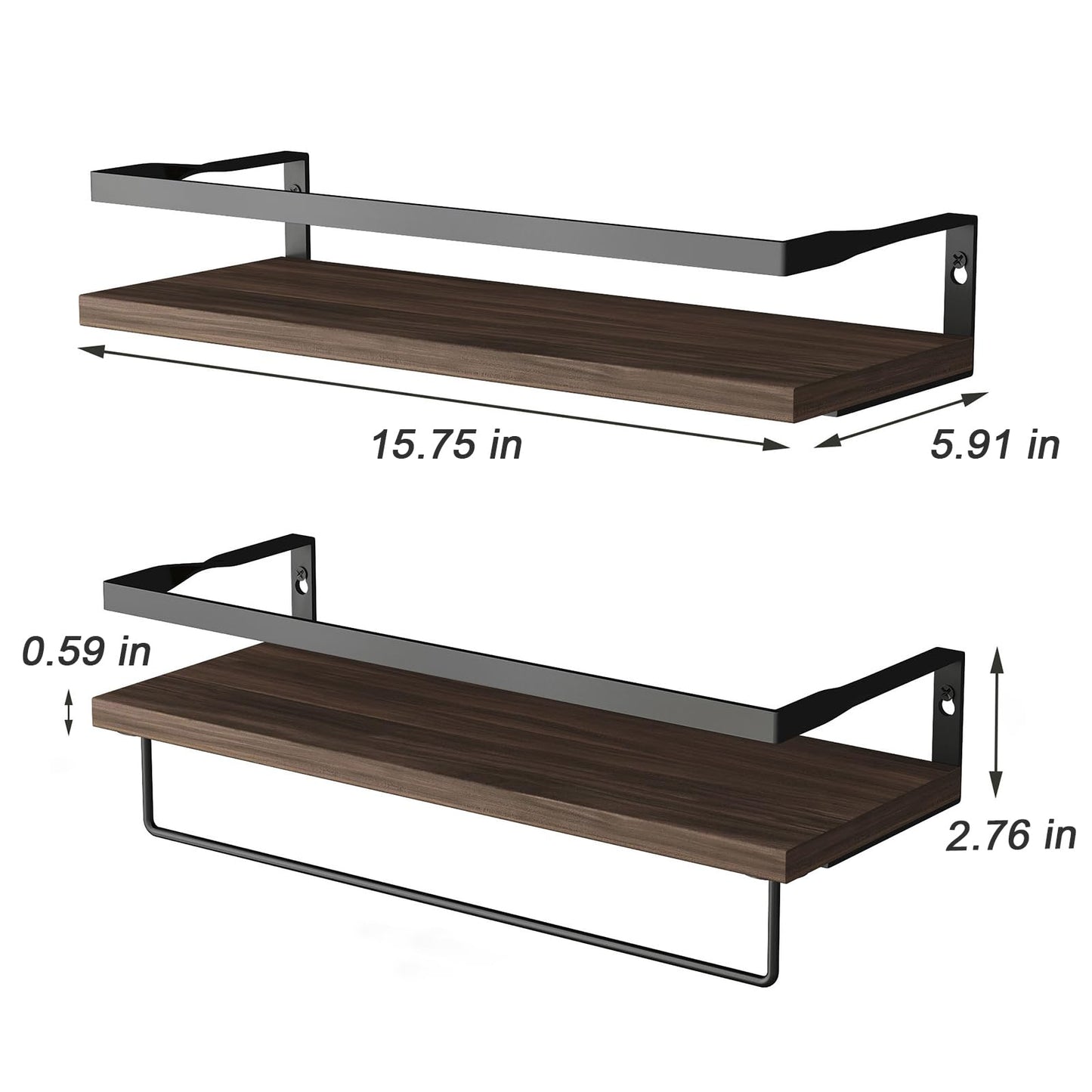 Rustic Floating Shelves Wall Mounted, Bathroom Wall Shelf Set of 2, Floating Storage Decor Wood Wall Shelves with Towel Rack for Bahtroom, Kitchen, Laundry Room etc (Brown)