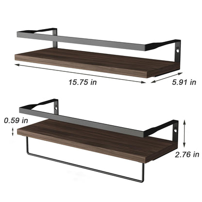 Rustic Floating Shelves Wall Mounted, Bathroom Wall Shelf Set of 2, Floating Storage Decor Wood Wall Shelves with Towel Rack for Bahtroom, Kitchen, Laundry Room etc (Brown)