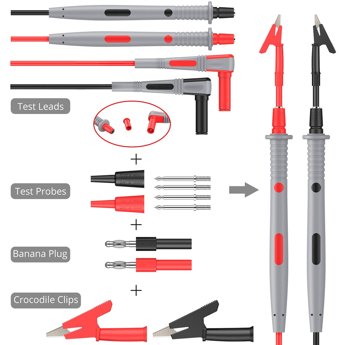 Proster Multi Test Leads Kit 21 in-1 Electrical Multimeter Test Lead with Alligator Clips Test Probe Spring Grabber Banana Plug Volt Meter Leads for Voltage Circuit Tester