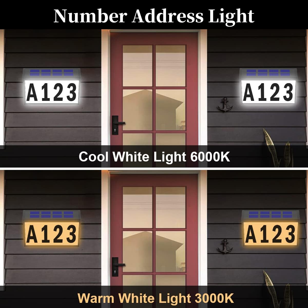 T-SUNUS Solar Address Sign, Dual-Color (3000K Warm & 6000K White) Illuminated House Numbers, Outdoor Waterproof LED Address Plaque with Auto On/Off, Easy Wall Mount for Mailbox Garage Yard