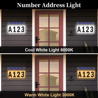 T-SUNUS Solar Address Sign, Dual-Color (3000K Warm & 6000K White) Illuminated House Numbers, Outdoor Waterproof LED Address Plaque with Auto On/Off, Easy Wall Mount for Mailbox Garage Yard