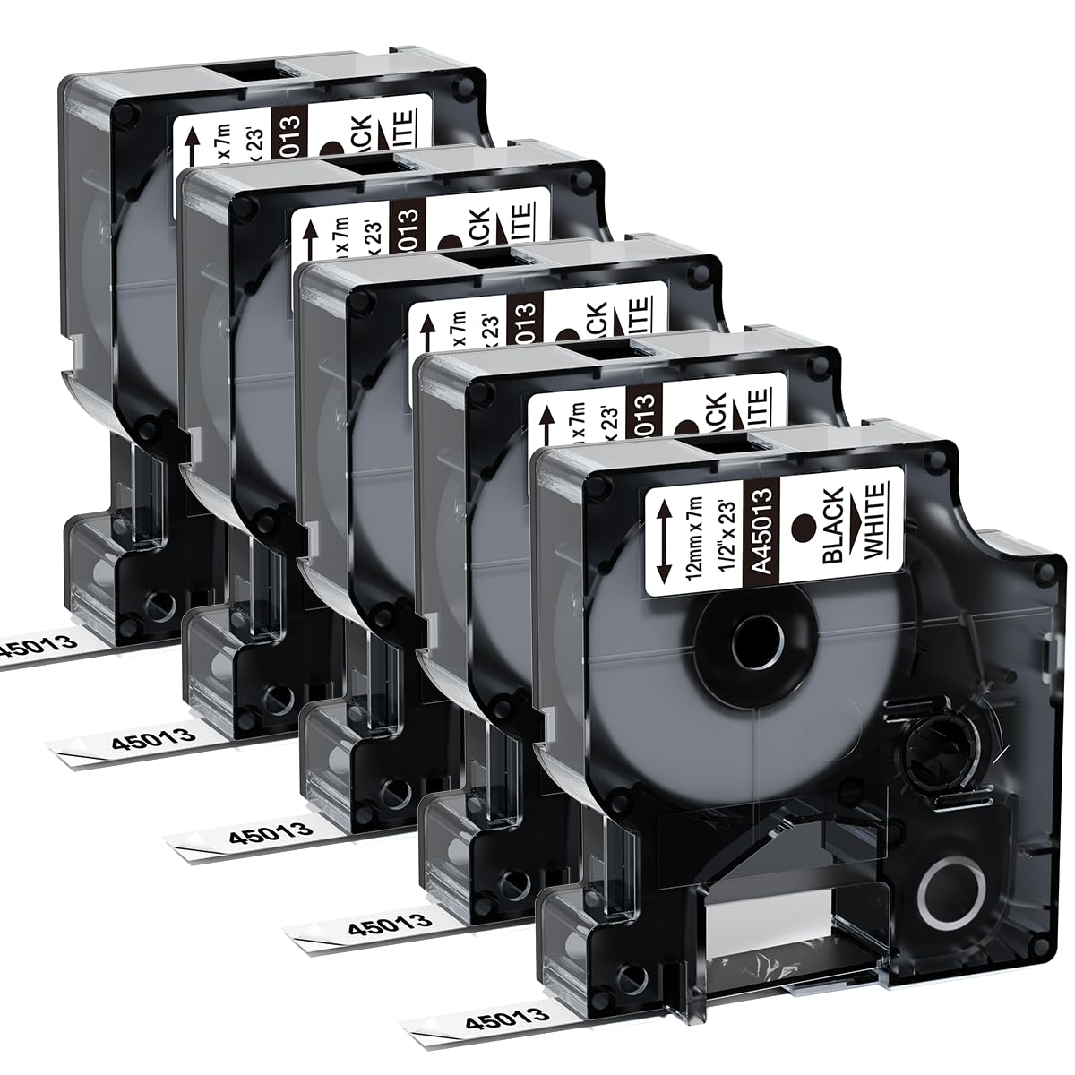 Replace for DYMO Label Maker Refills 45013 Compatible with DYMO D1 Label Tape 1/2'' x 23' (12mm x 7m) 45013s S0720530 for Dymo Labelmanager 160 280 210D 360D 420P, Black on White, 5-Pack