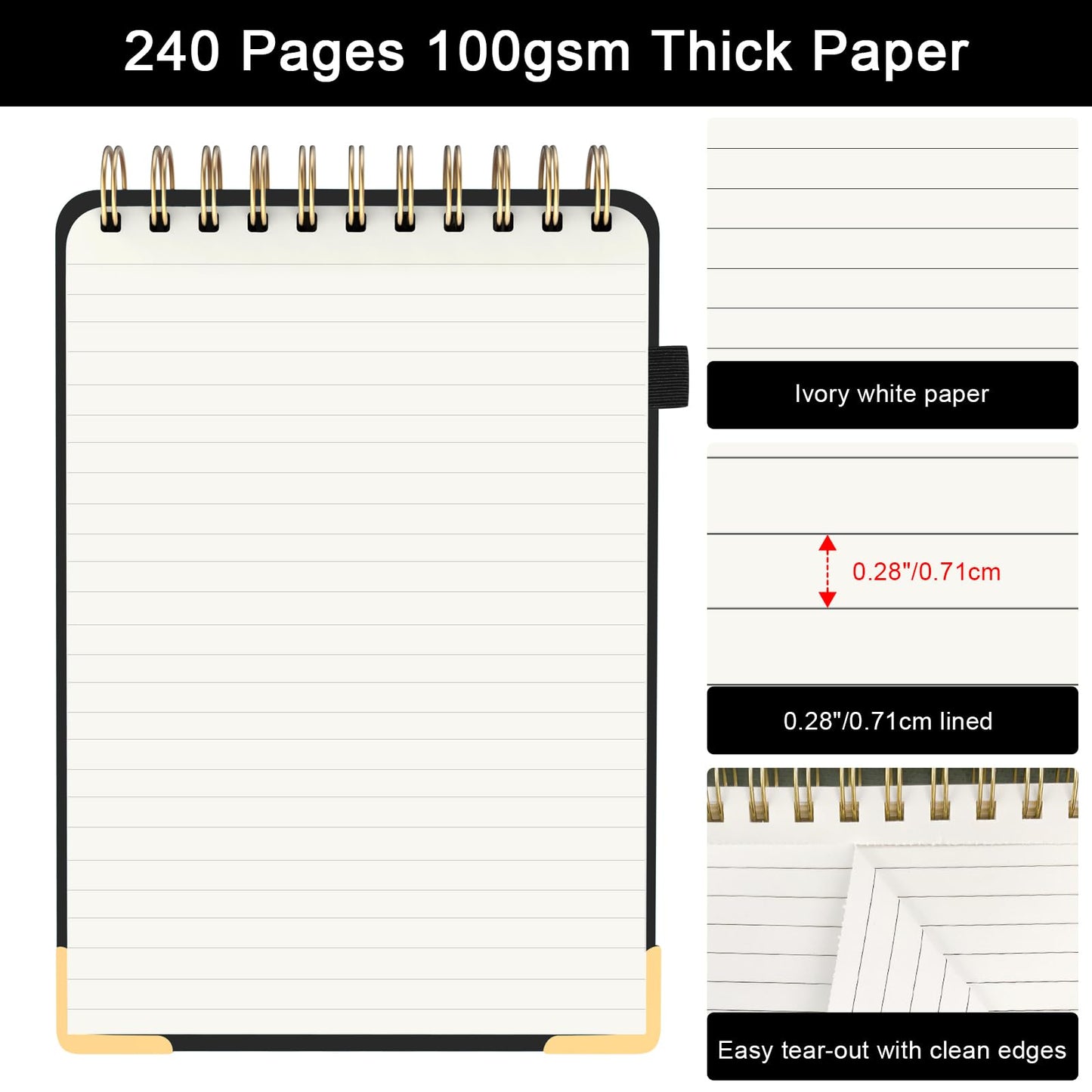Top Spiral Notebook, A5 Hardcover Top Bound Steno Pads, 240 Pages 100gsm College Ruled Left Handed Notebook Journal for Work, School, Meeting Writing - Black, 5.9" x 8.5"