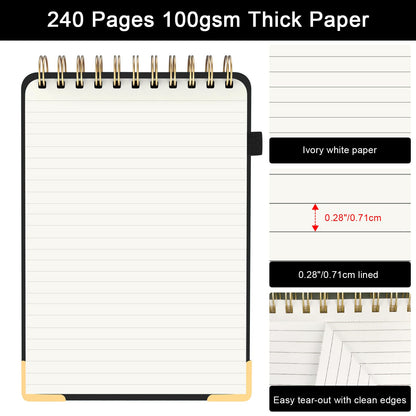 Top Spiral Notebook, A5 Hardcover Top Bound Steno Pads, 240 Pages 100gsm College Ruled Left Handed Notebook Journal for Work, School, Meeting Writing - Black, 5.9" x 8.5"