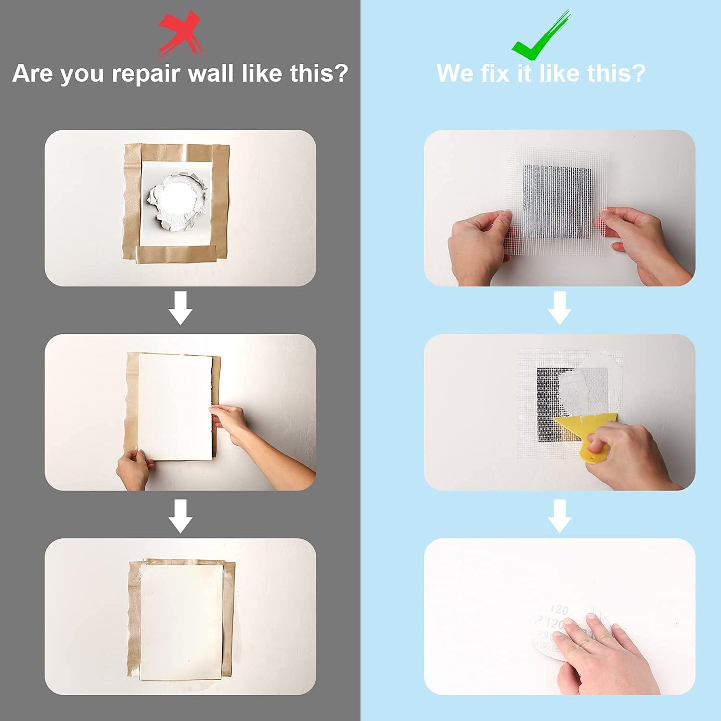 Deuvuo 19 Pcs Drywall Repair Kit - 4 Patch Sizes (2/4/6/8 Inch) With Scraper, Sandpaper for Damaged Ceiling - Say Goodbye to Unsightly Holes