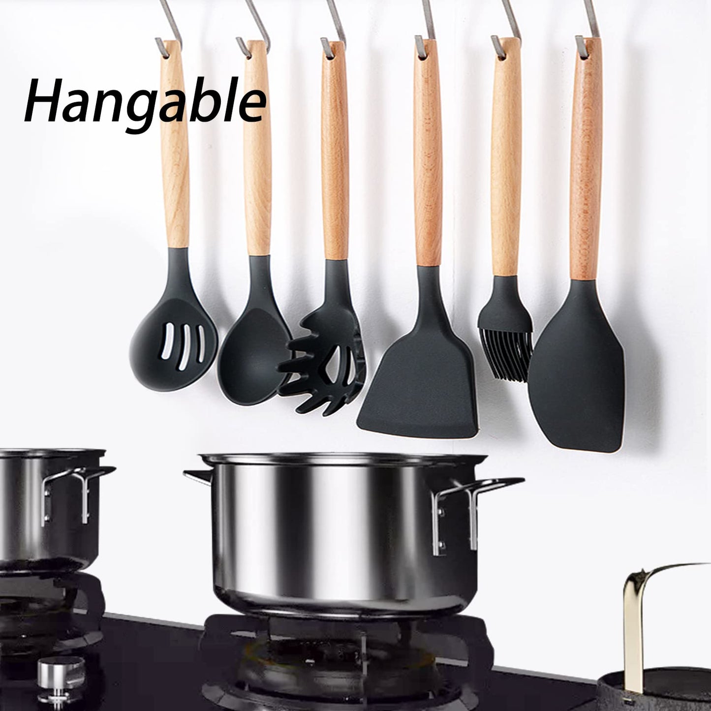 Cooking Utensils Set, 22 Pcs Heat Resistant Silicone Kitchen Utensils Spatula Set with Holder, Kitchen Gadgets Utensil Set for Nonstick Cookware (Black)