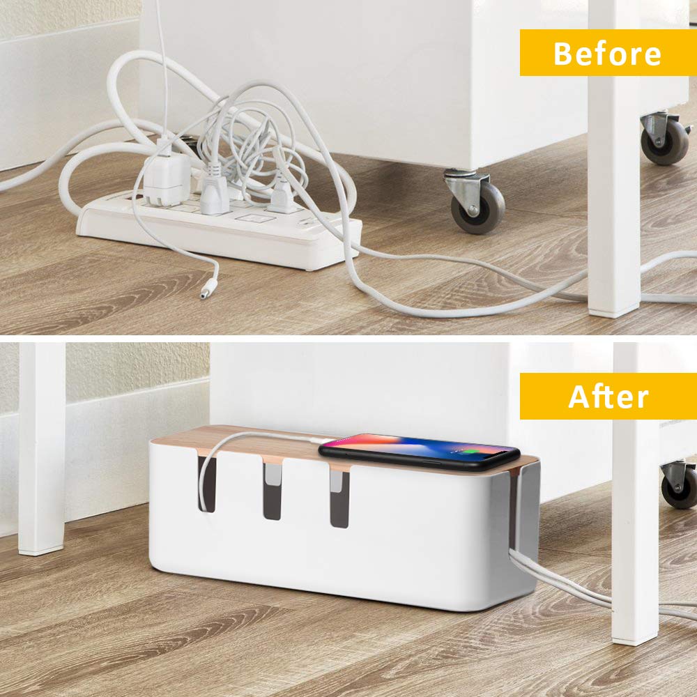 Cable Management Box by Baskiss, 12"x5"x4.5", Wood Lid, Cord Organizer for Desk TV Computer USB Hub System to Cover and Hide & Power Strips & Cords