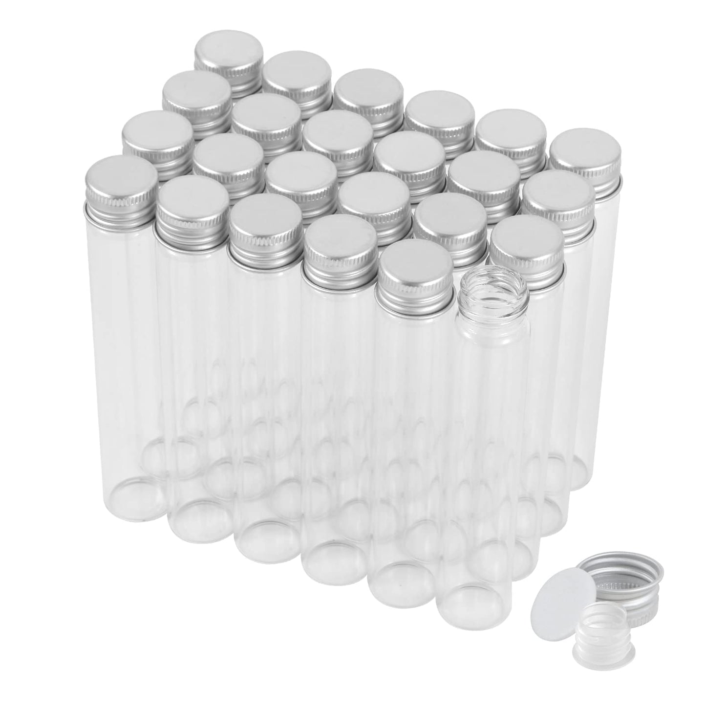 30ml Glass Clear Test Tubes with Screw Caps and Plastic Stoppers, Liquid Sample Vials, Leak-Proof Flat Test Tubes, 24PCS