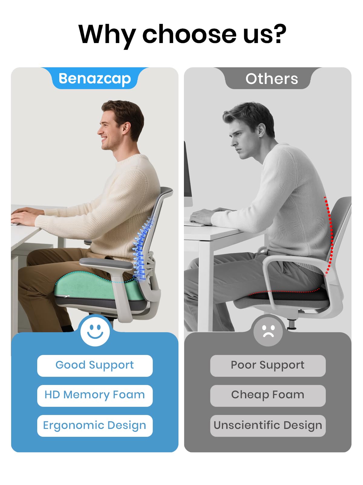 Benazcap Seat Cushion - Memory Foam Car Seat Pad - Sciatica & Lower Back Pain Relief - Car Seat Cushions for Driving - Road Trip Essentials for Drivers, Green